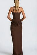 Elegant Draped Hip Square Neck Corset-Fit Maxi Gown