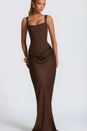 Elegant Draped Hip Square Neck Corset-Fit Maxi Gown