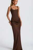 Elegant Draped Hip Square Neck Corset-Fit Maxi Gown