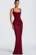 Elegant Draped Hip Square Neck Corset-Fit Maxi Gown