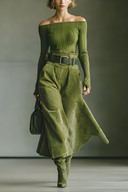 Olive Green Off-Shoulder Top & Faux Suede Skirt Set