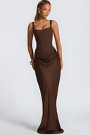 Elegant Draped Hip Square Neck Corset-Fit Maxi Gown