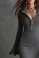 Retro Zipper Neck Trumpet Sleeve Knitted Midi Dress