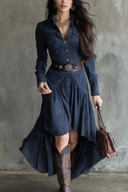Retro Blue Lapel Button Pocket Irregular Flowy Midi Dress