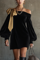 Black Velvet & Gold Satin Off-Shoulder Mini Dress