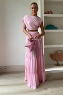 Round Neck Pleated Pink Patchwork Maxi Two-Piece Set
