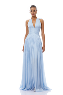 Elegant V-neck Pleated Slit Maxi Dress