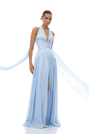 Elegant V-neck Pleated Slit Maxi Dress
