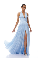 Elegant V-neck Pleated Slit Maxi Dress