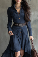 Retro Blue Lapel Button Pocket Irregular Flowy Midi Dress