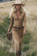 Retro Western Lapel Zipper Tassel Midi Dress