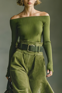 Olive Green Off-Shoulder Top & Faux Suede Skirt Set