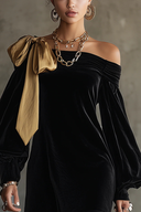 Black Velvet & Gold Satin Off-Shoulder Mini Dress