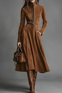 Brown Faux Suede Front Zipper Belted Elegant Maxi Dress