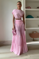 Round Neck Pleated Pink Patchwork Maxi Two-Piece Set