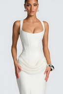 Elegant Draped Hip Square Neck Corset-Fit Maxi Gown