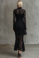 Elegant Party Black Stretch Lace Fishtail Maxi Dress