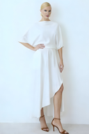 Asymmetric Cape-Shoulder Wrap Midi Dress