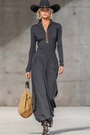 Casual Retro Dark Gray Zip-Up Top & Wide Pants Set