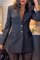 V-Neck Button-Up Long Sleeve Waisted Blazer Set