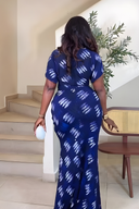 Navy Blue Feather-Print Ruched Maxi Dress
