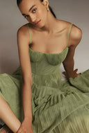 Pleated Corset Tulle Midi Dress