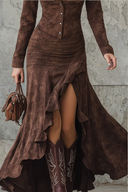 Retro Brown Irregular Ruffle Lapel Long Dress