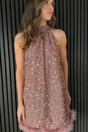 Sequin Feather Trim Halter Babydoll Mini Dress