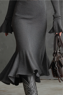 Retro Zipper Neck Trumpet Sleeve Knitted Midi Dress