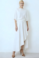 Asymmetric Cape-Shoulder Wrap Midi Dress