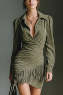 Olive Green Faux Suede V-Neck Wrap Mini Dress