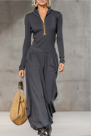 Casual Retro Dark Gray Zip-Up Top & Wide Pants Set