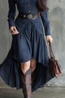 Retro Blue Lapel Button Pocket Irregular Flowy Midi Dress