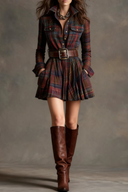 Vintage Lapel Red And Brown Plaid Mini Dress