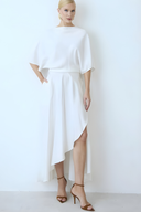 Asymmetric Cape-Shoulder Wrap Midi Dress