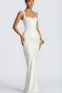 Elegant Draped Hip Square Neck Corset-Fit Maxi Gown