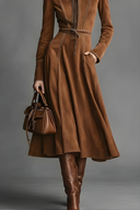 Brown Faux Suede Front Zipper Belted Elegant Maxi Dress