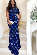 Navy Blue Feather-Print Ruched Maxi Dress