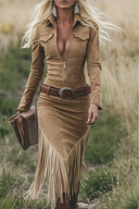 Retro Western Lapel Zipper Tassel Midi Dress
