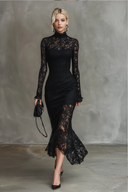 Elegant Party Black Stretch Lace Fishtail Maxi Dress