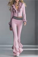 Elegant Sporty Black-Trimmed Pink Flared Pants Set