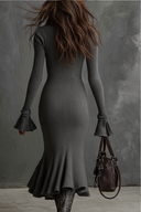 Retro Zipper Neck Trumpet Sleeve Knitted Midi Dress