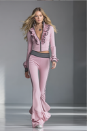 Elegant Sporty Black-Trimmed Pink Flared Pants Set
