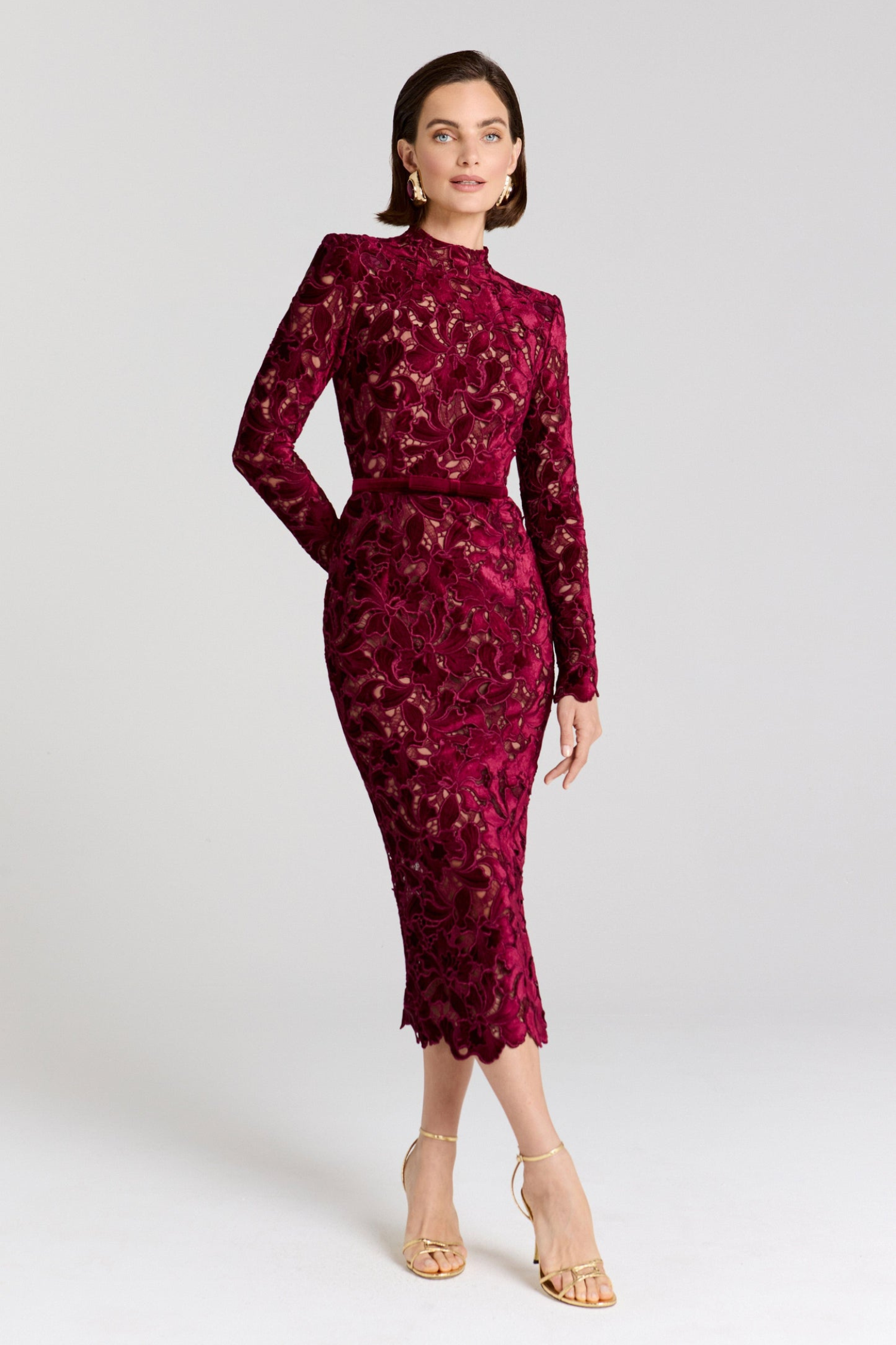 burgundy lace high neck dress prom dresses mermaid burgundy Burgundy Mermaid Prom Dress High Neck Long Sleeve Sheer Illusion 3D Lace