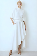 Asymmetric Cape-Shoulder Wrap Midi Dress