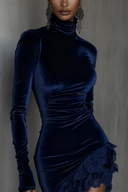 Elegant Velvet Turtleneck Lace Hem Fitted Mini Dress