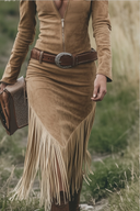 Retro Western Lapel Zipper Tassel Midi Dress