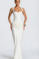 Elegant Draped Hip Square Neck Corset-Fit Maxi Gown