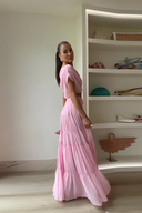 Round Neck Pleated Pink Patchwork Maxi Two-Piece Set