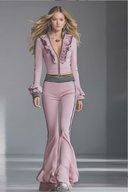 Elegant Sporty Black-Trimmed Pink Flared Pants Set